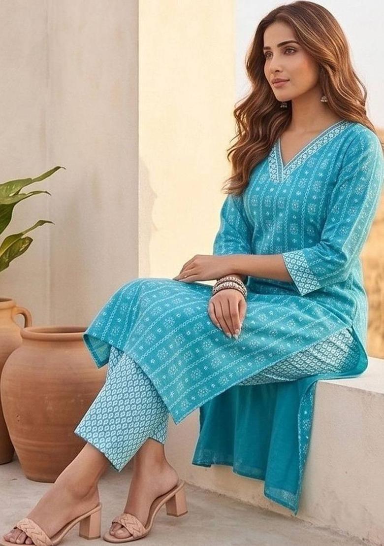Turquoise Blue Floral Print Cotton Kurta Set - Indya