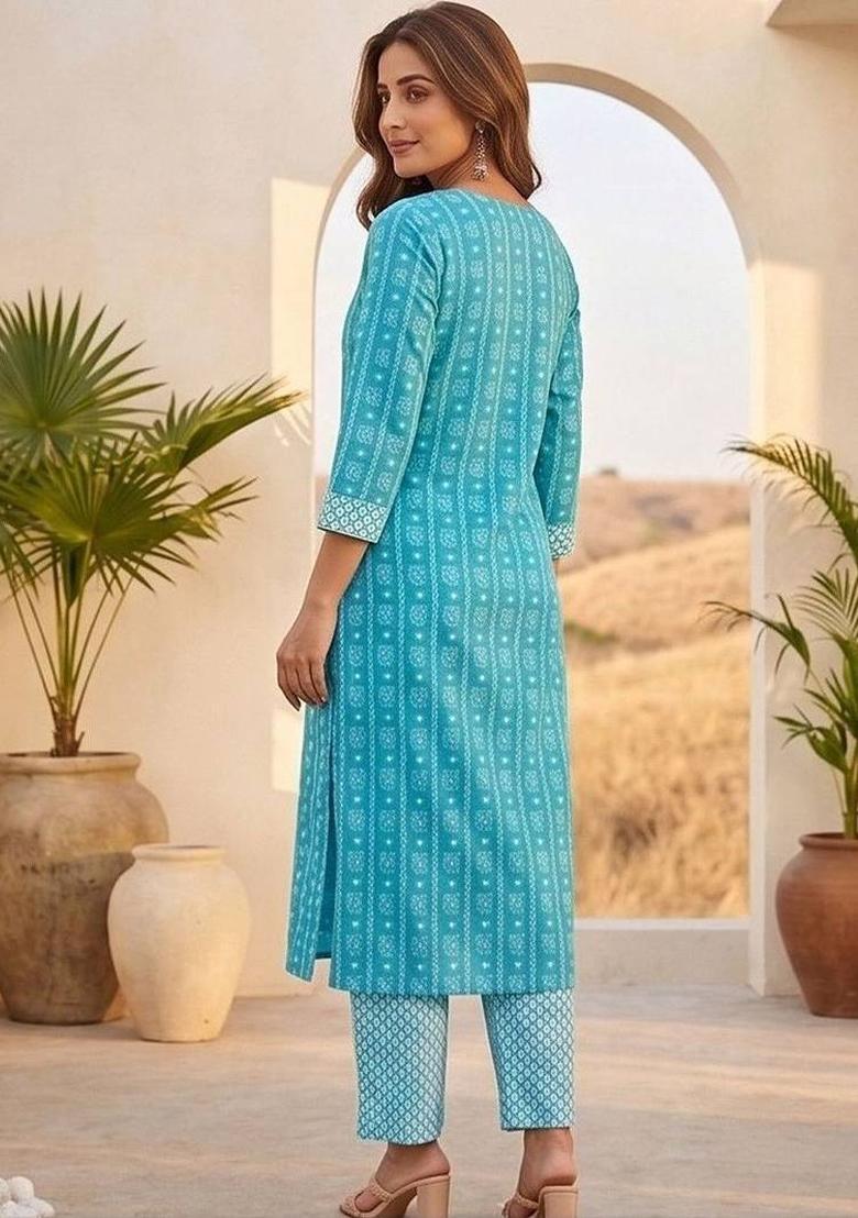 Turquoise Blue Floral Print Cotton Kurta Set - Indya