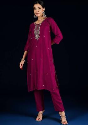 Purple Embroidery Silk Kurta Set