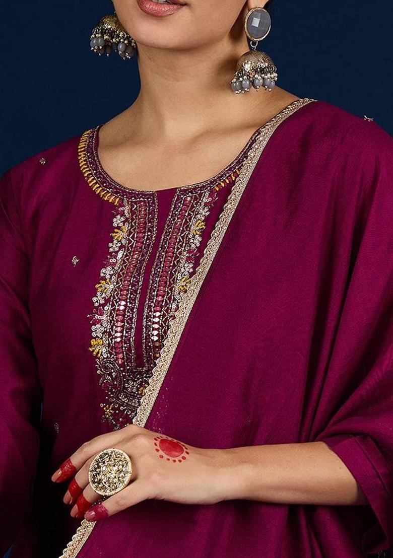 Purple Embroidery Silk Kurta Set - Indya