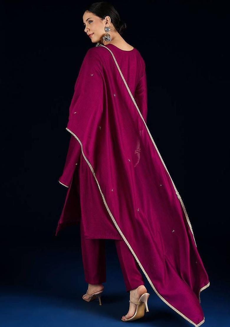 Purple Embroidery Silk Kurta Set - Indya
