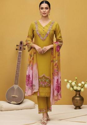 Yellow Embroidery Cotton Kurta Set