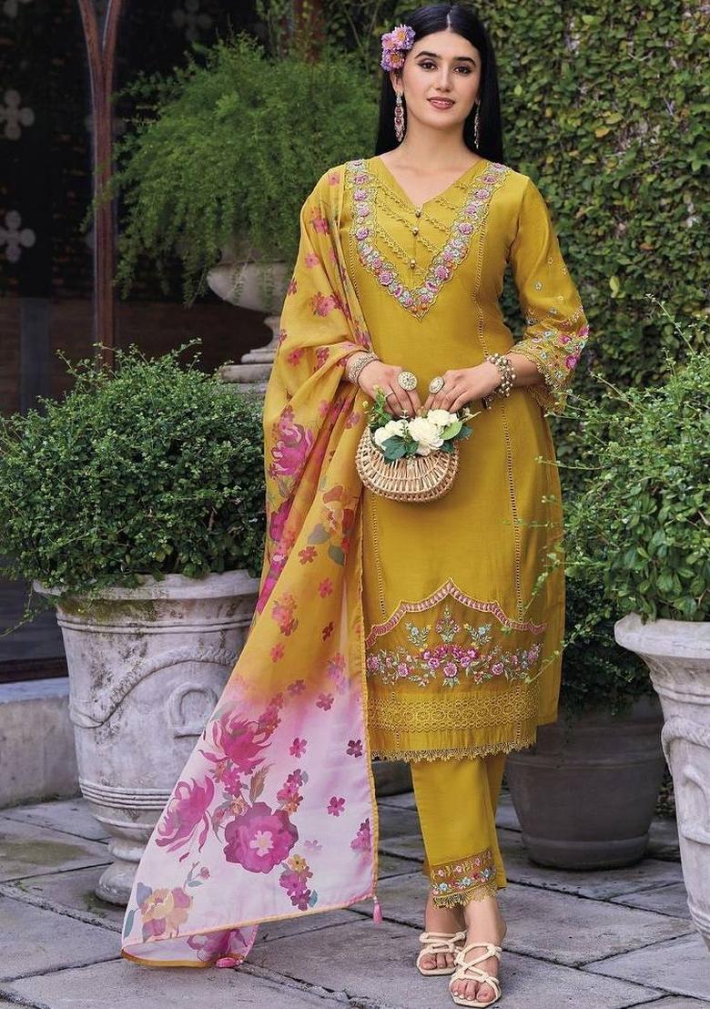 Yellow Embroidery Cotton Kurta Set - Indya