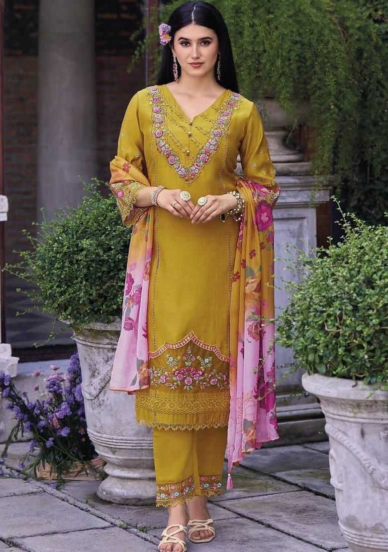 Yellow Embroidery Cotton Kurta Set - Indya