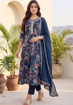 Navy Blue Floral Print Cotton Kurta Set