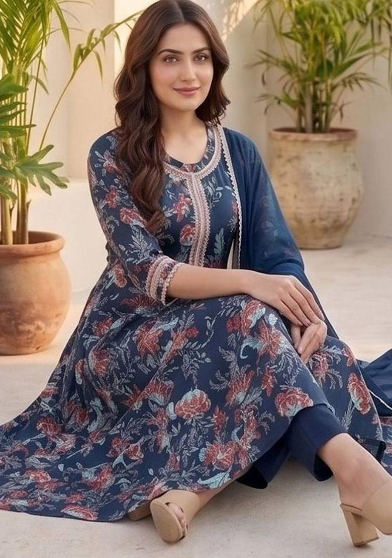 Navy Blue Floral Print Cotton Kurta Set - Indya