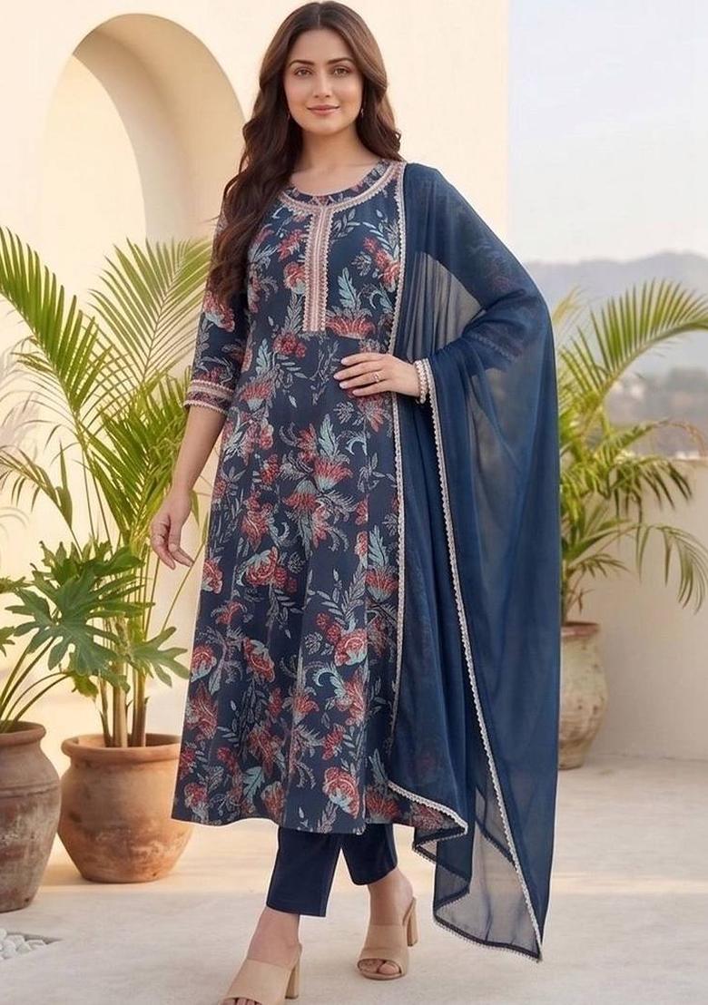 Navy Blue Floral Print Cotton Kurta Set - Indya