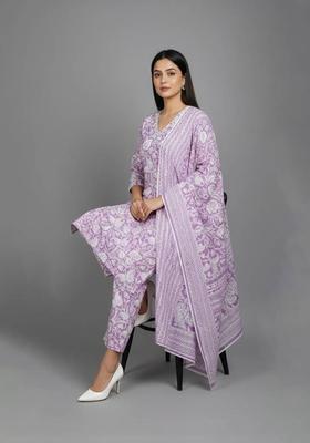 Purple Floral Print Cotton Kurta Set