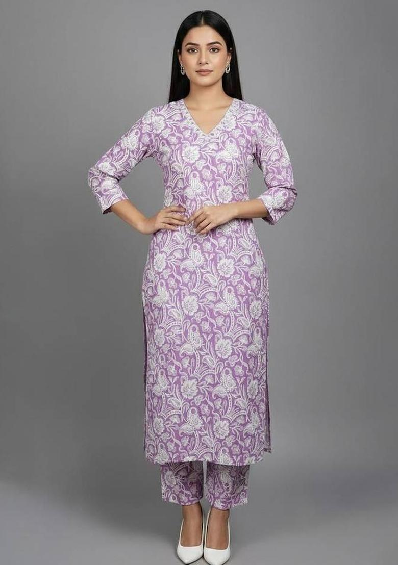 Purple Floral Print Cotton Kurta Set - Indya