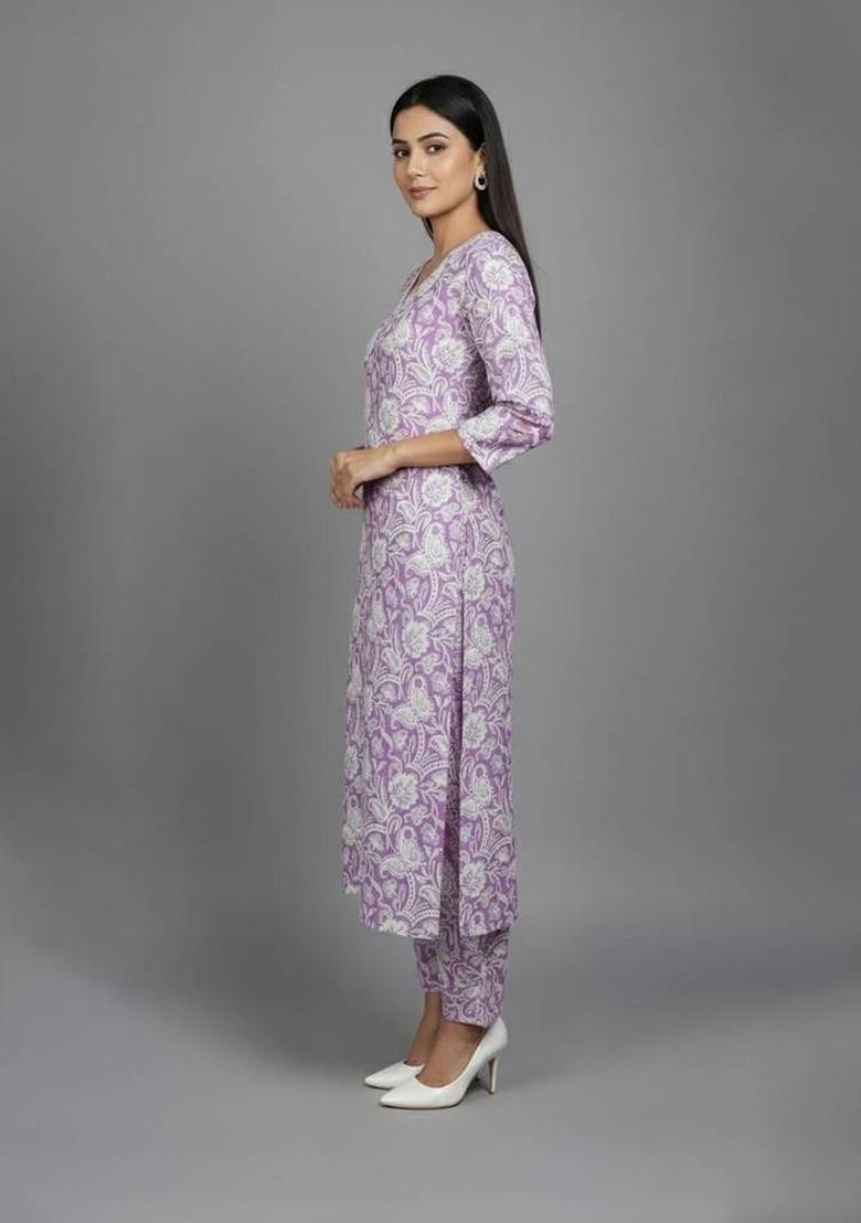 Purple Floral Print Cotton Kurta Set - Indya