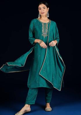 Teal Embroidery Silk Kurta Set
