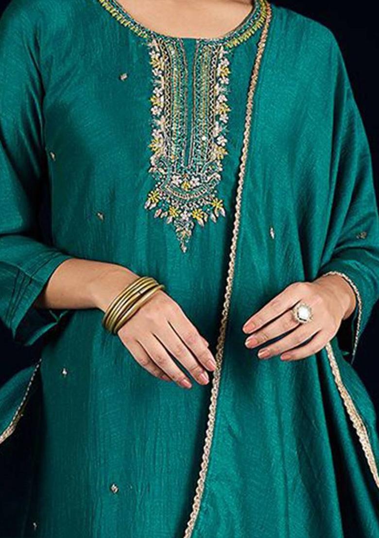 Teal Embroidery Silk Kurta Set - Indya