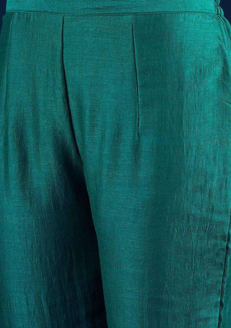 Teal Embroidery Silk Kurta Set - Indya