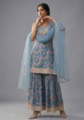 Blue Floral Print Rayon Kurta Set