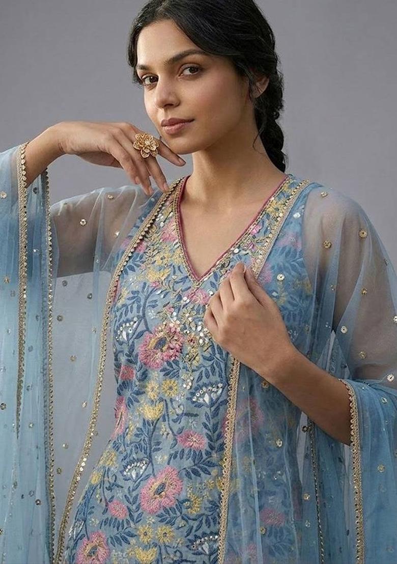 Blue Floral Print Rayon Kurta Set - Indya
