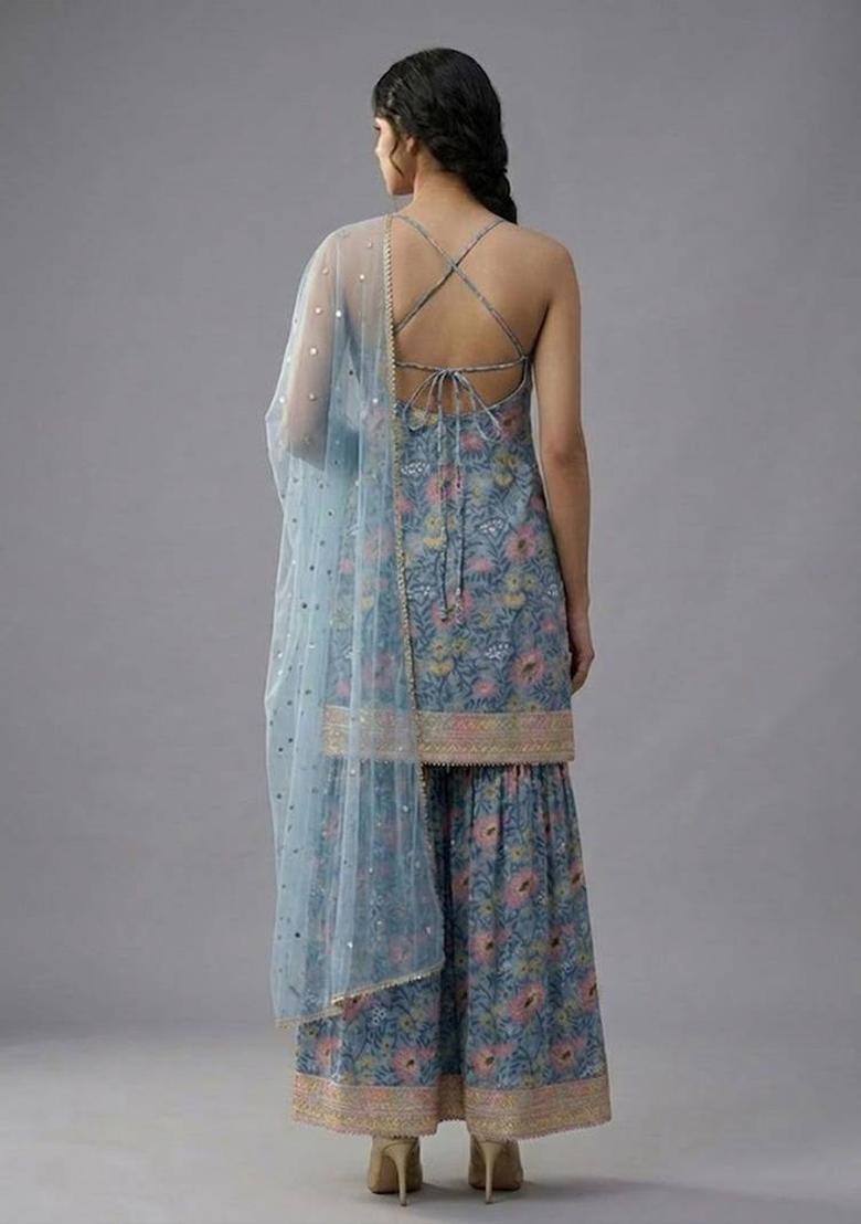 Blue Floral Print Rayon Kurta Set - Indya