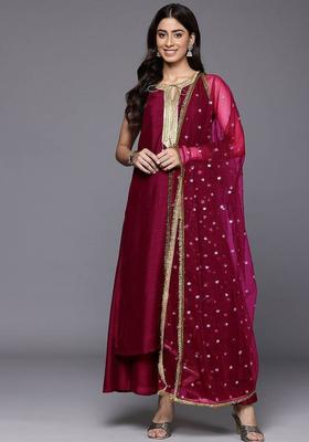 Fuchsia Solid Silk Kurta Set