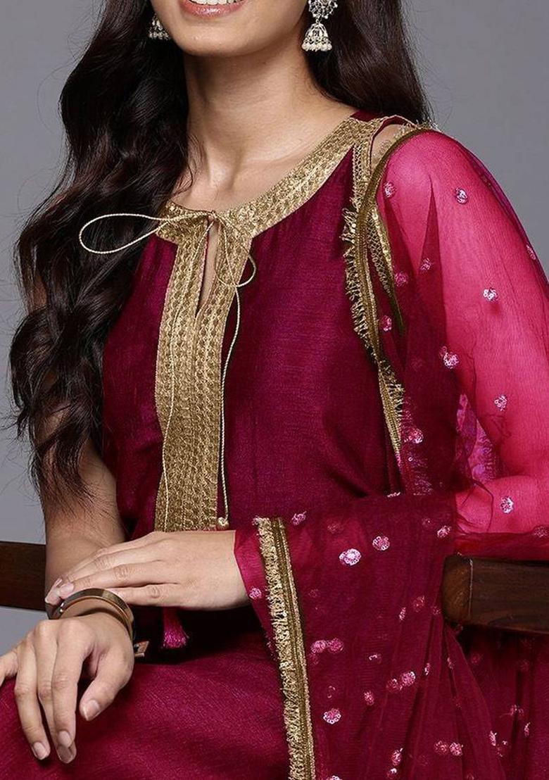 Fuchsia Solid Silk Kurta Set - Indya