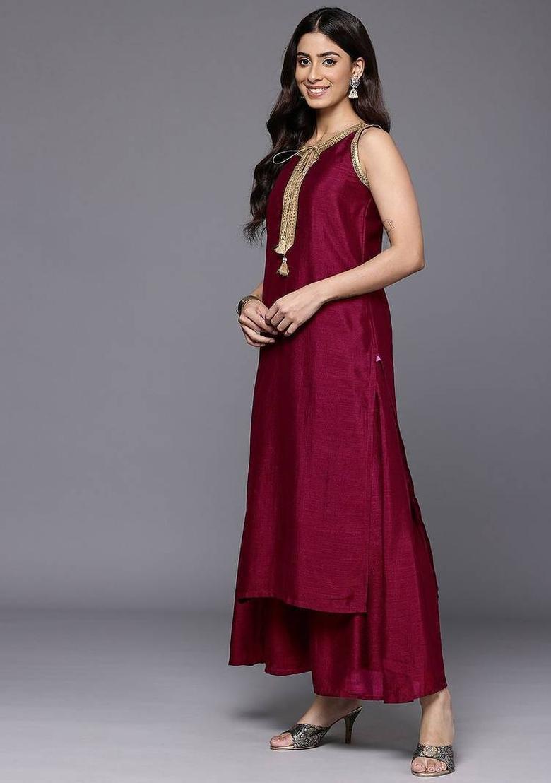 Fuchsia Solid Silk Kurta Set - Indya