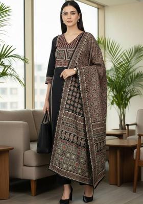 Black Floral Print Cotton Kurta Set