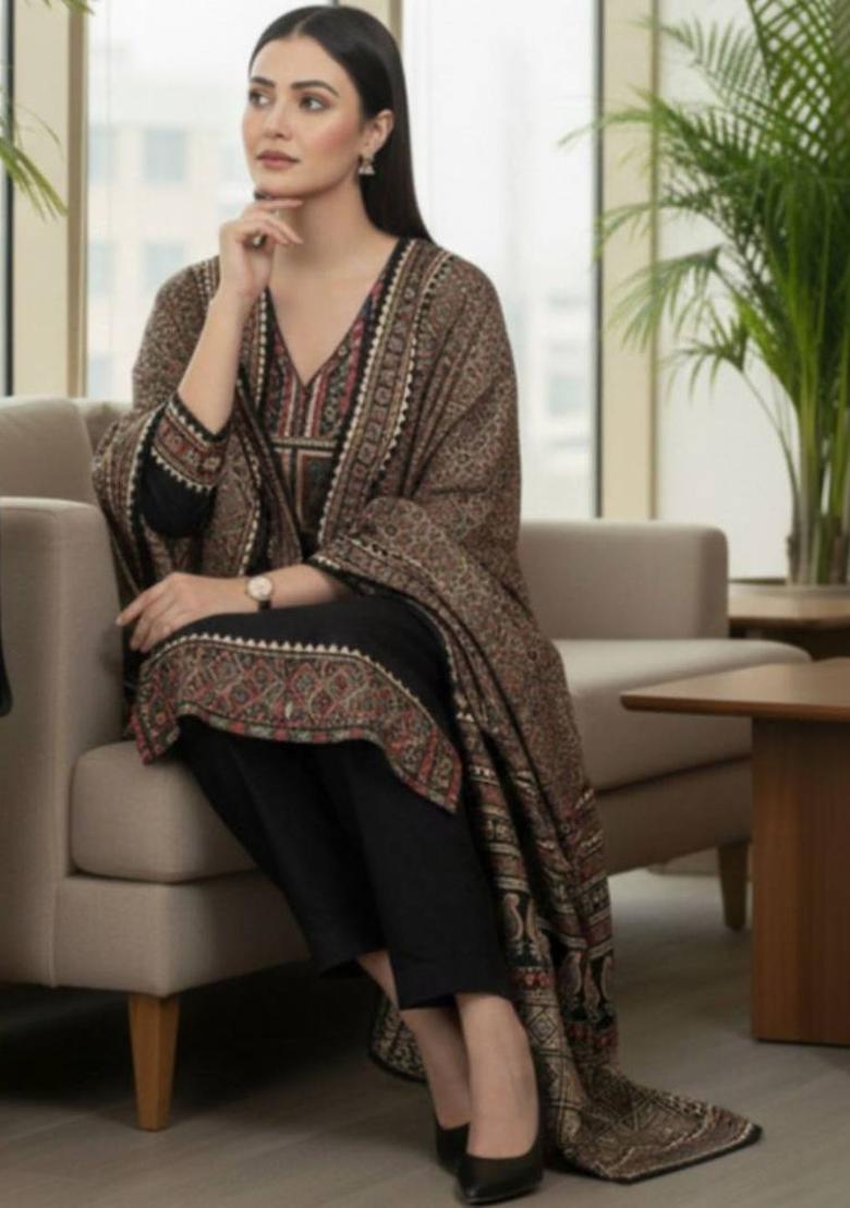 Black Floral Print Cotton Kurta Set - Indya