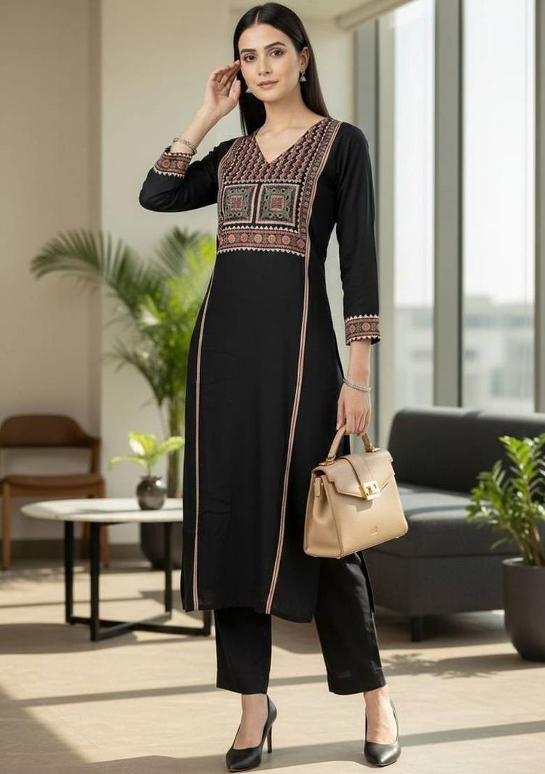 Black Floral Print Cotton Kurta Set - Indya