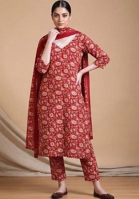 Red Floral Print Cotton Kurta Set