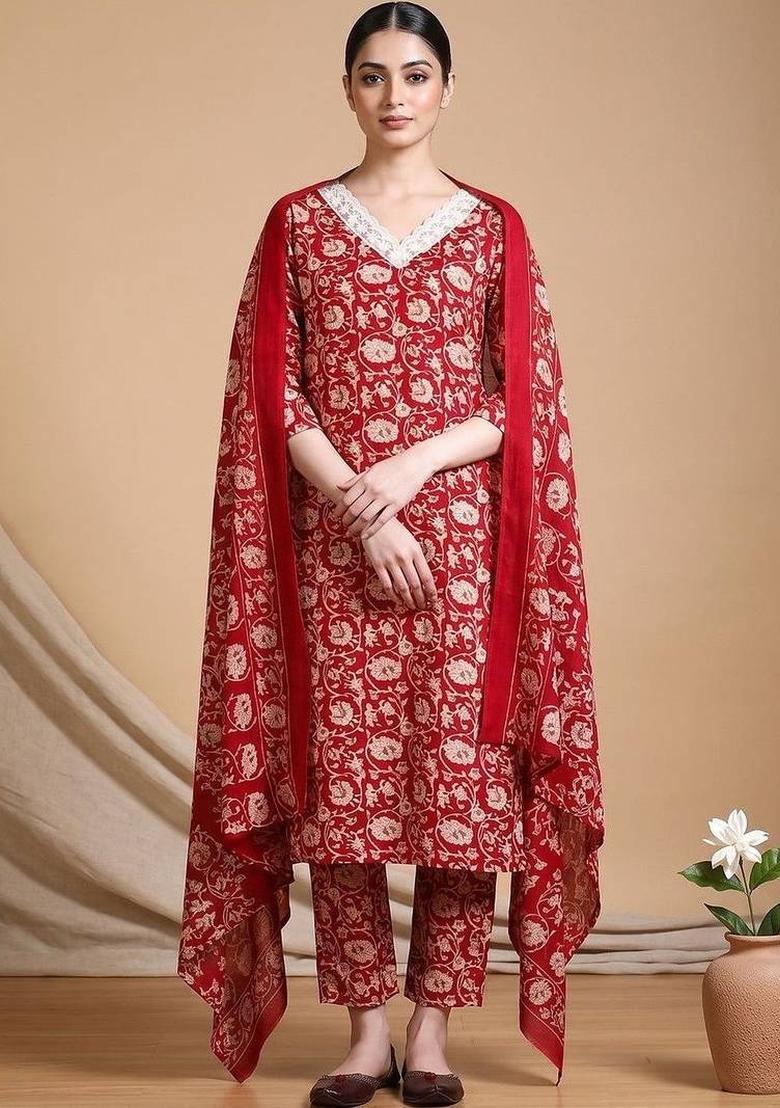 Red Floral Print Cotton Kurta Set - Indya