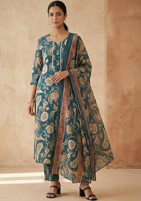 Teal Floral Print Cotton Kurta Set