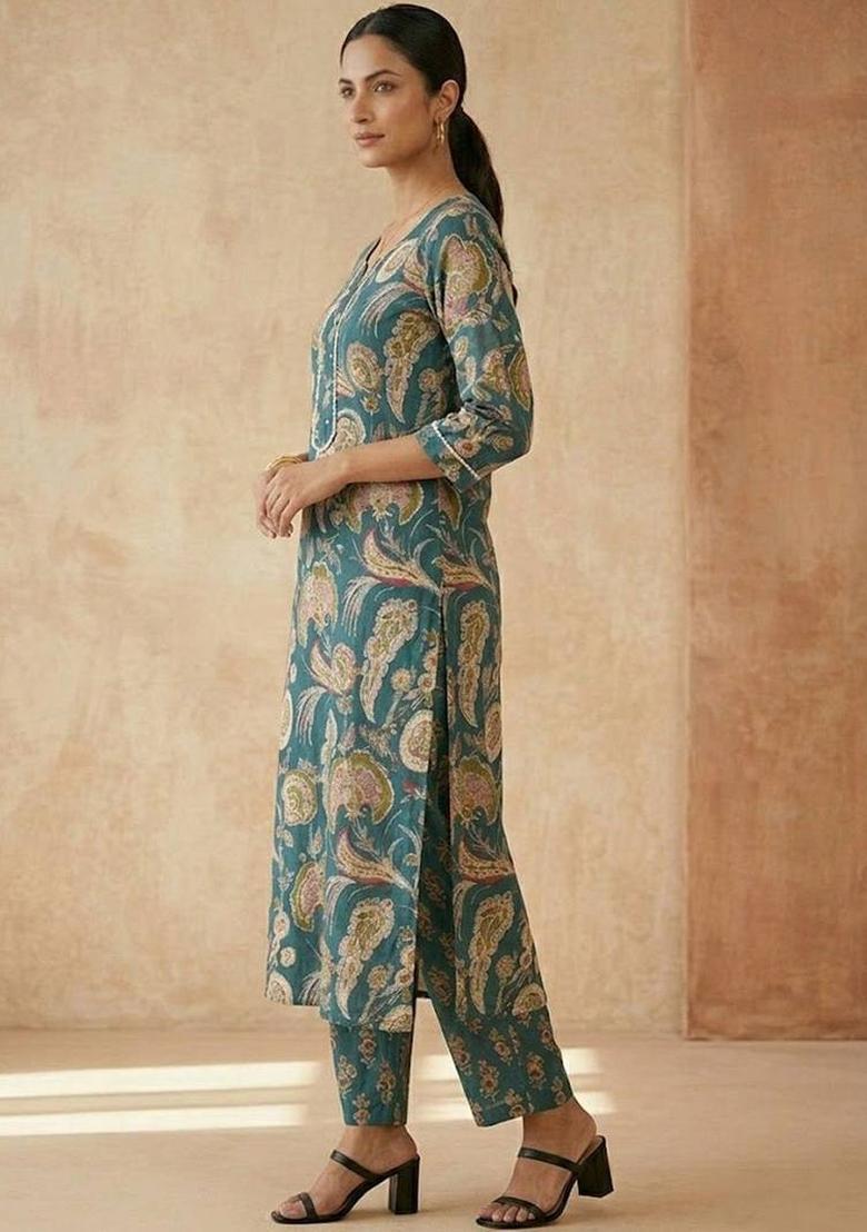 Teal Floral Print Cotton Kurta Set - Indya