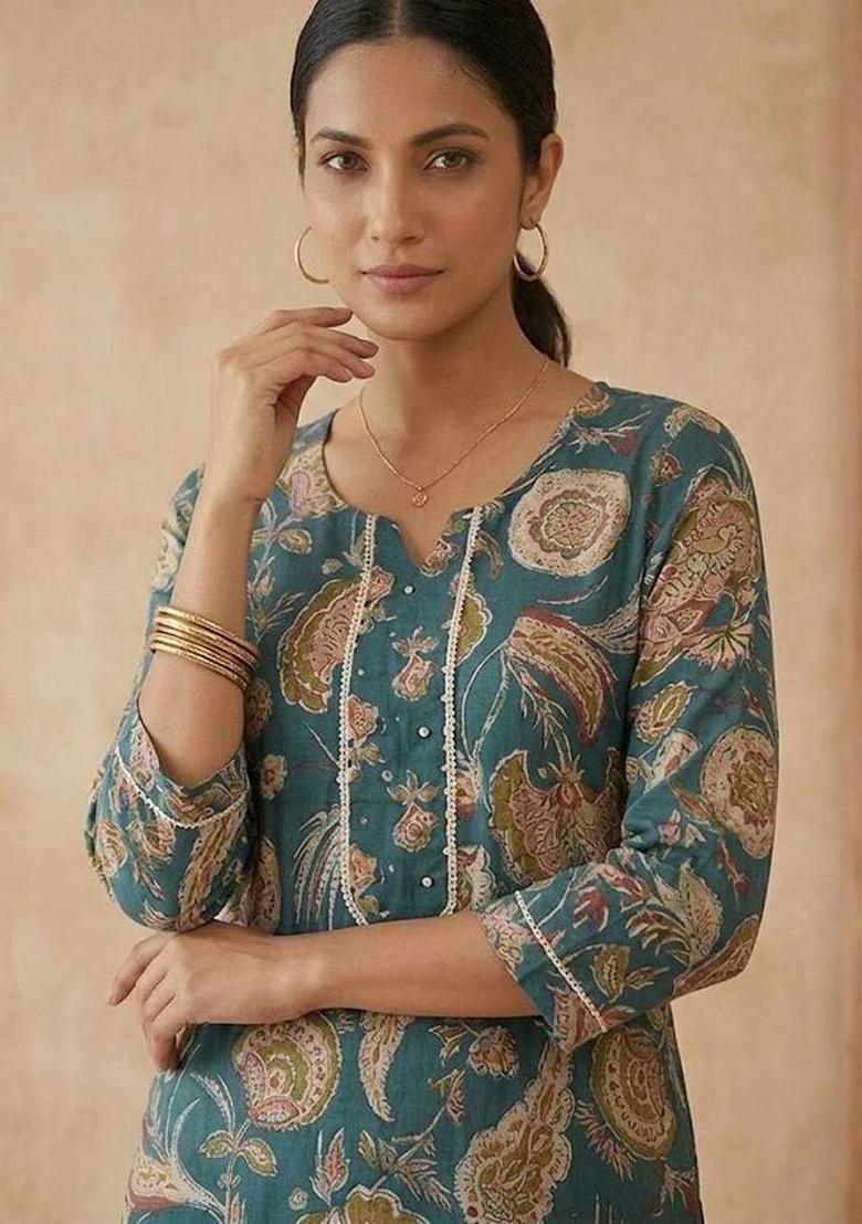 Teal Floral Print Cotton Kurta Set - Indya