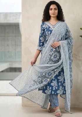 Blue Floral Print Cotton Kurta Set