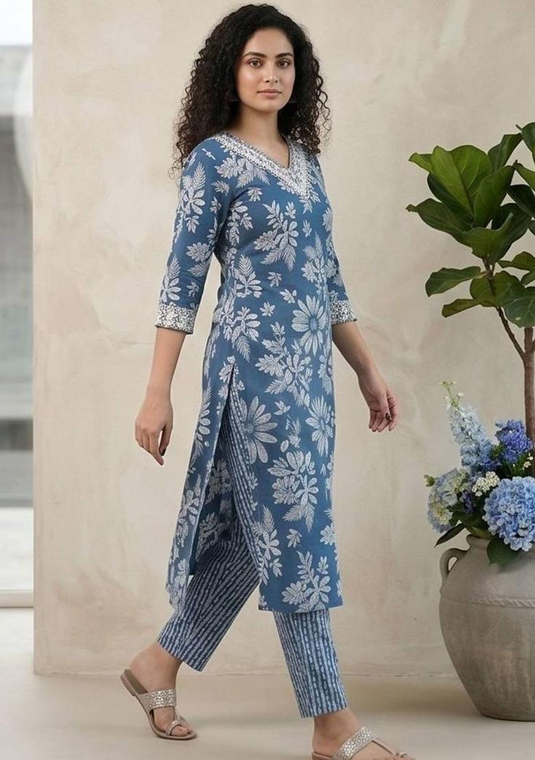 Blue Floral Print Cotton Kurta Set - Indya