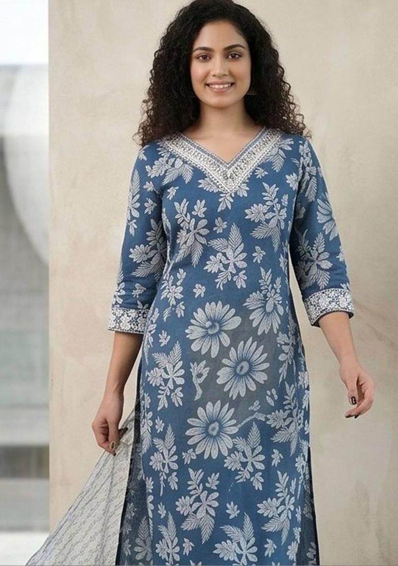 Blue Floral Print Cotton Kurta Set - Indya