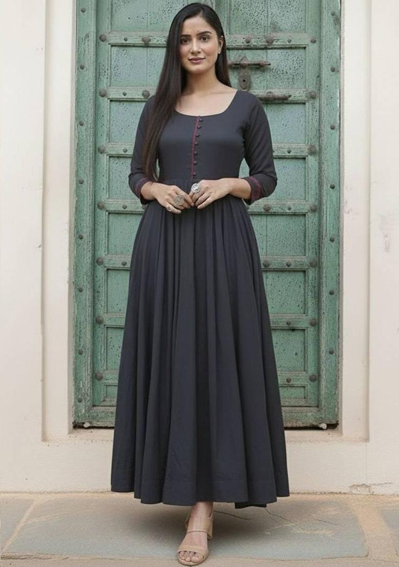 Black Solid Cotton Kurta Set - Indya