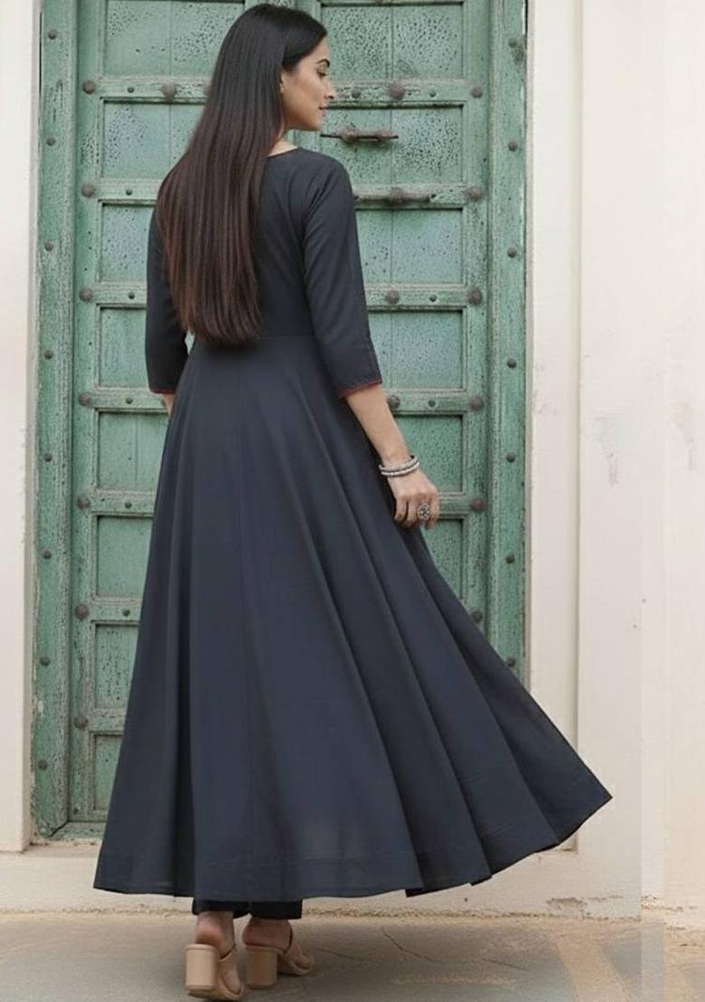 Black Solid Cotton Kurta Set - Indya