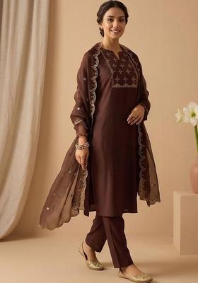 Brown Embroidery Cotton Kurta Set