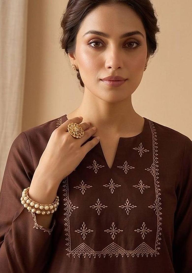 Brown Embroidery Cotton Kurta Set - Indya