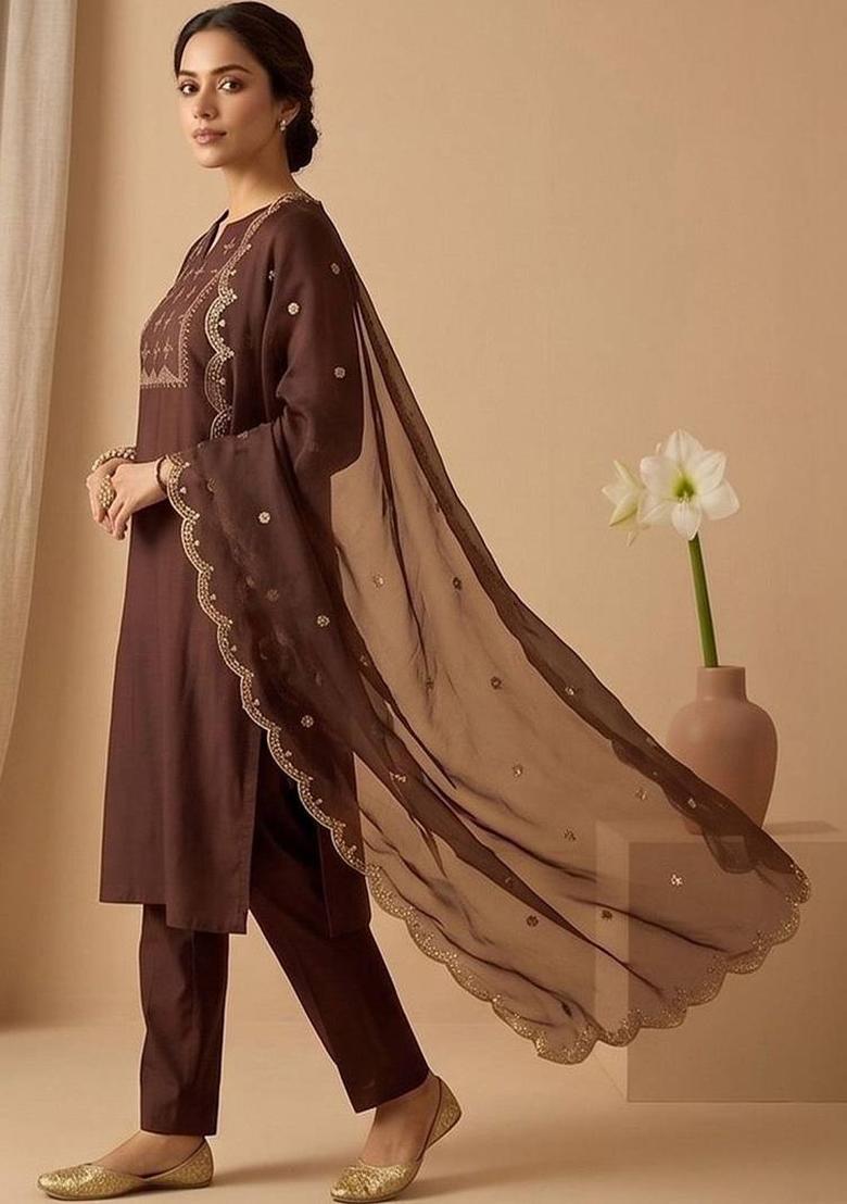 Brown Embroidery Cotton Kurta Set - Indya