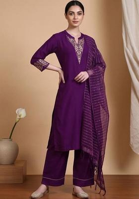 Purple Embroidery Silk Kurta Set