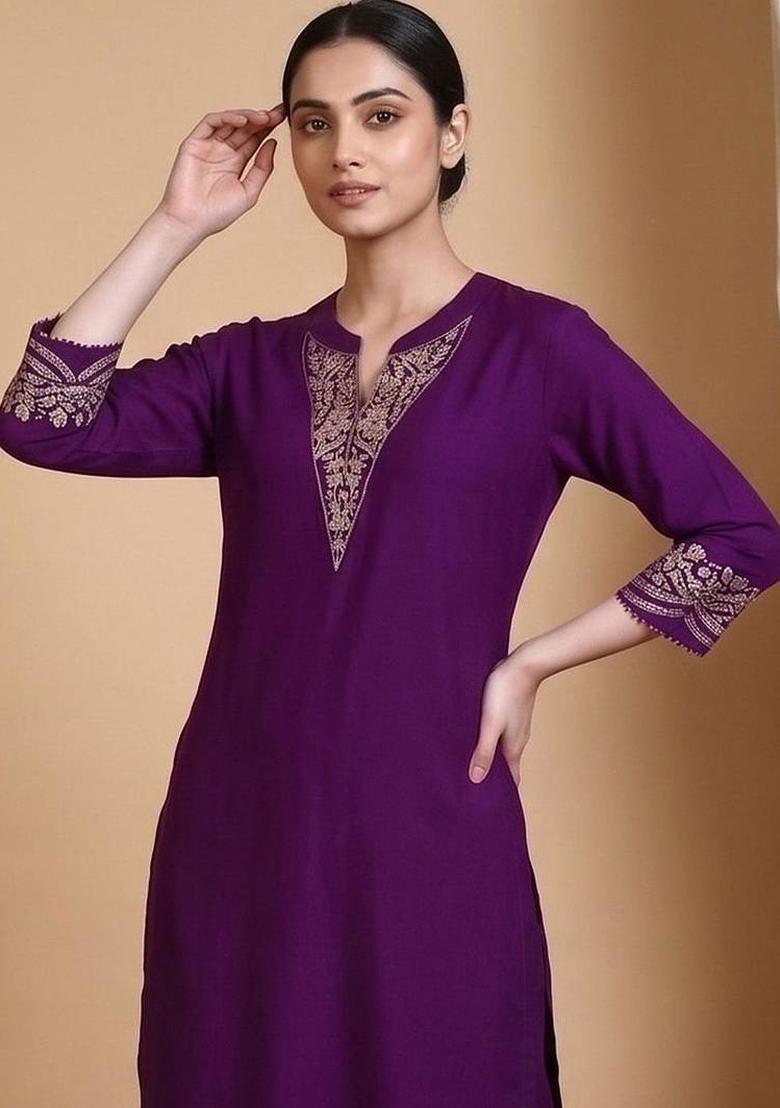 Purple Embroidery Silk Kurta Set - Indya