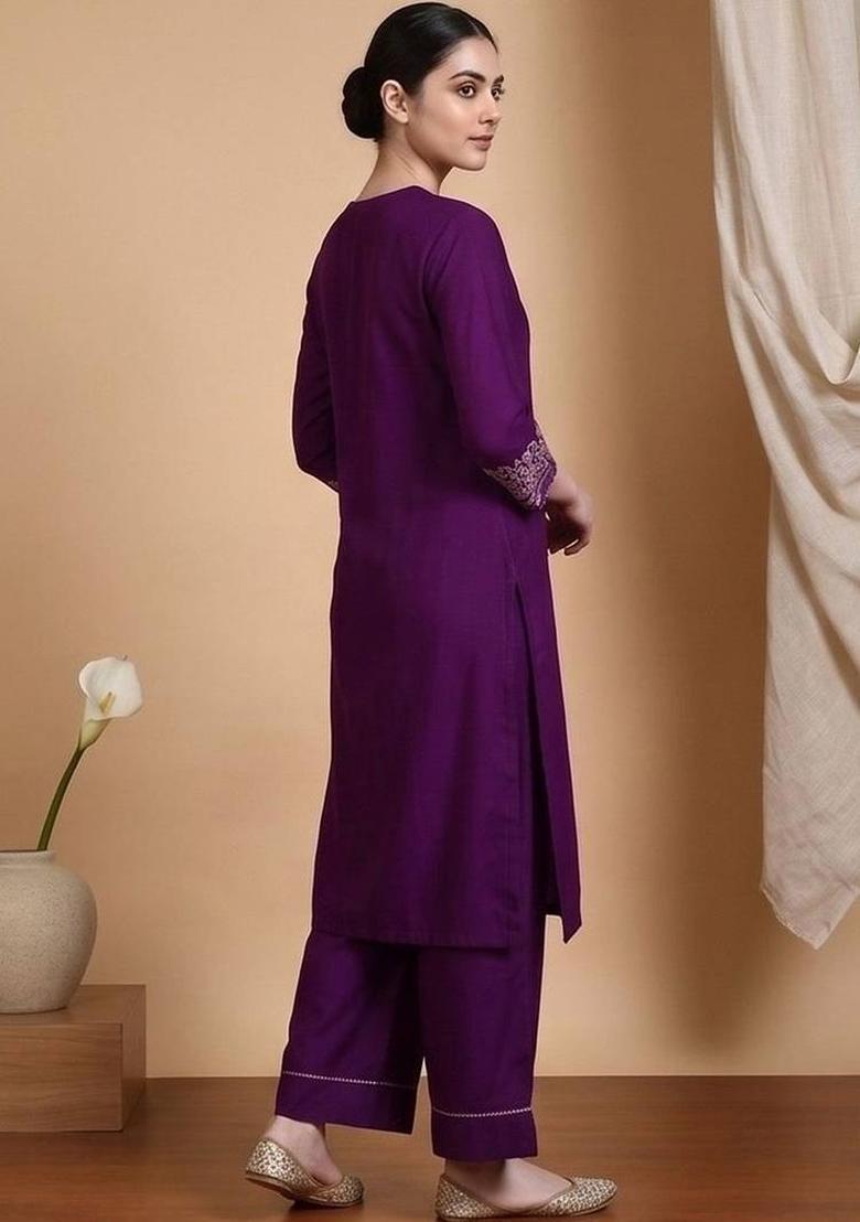 Purple Embroidery Silk Kurta Set - Indya