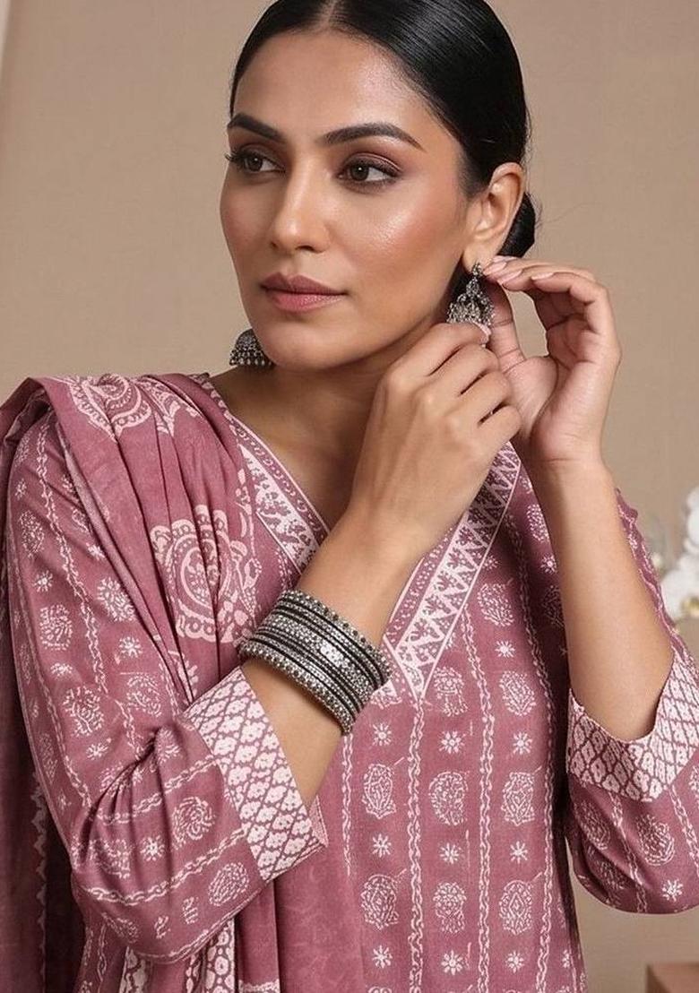 Pink Floral Print Cotton Kurta Set - Indya