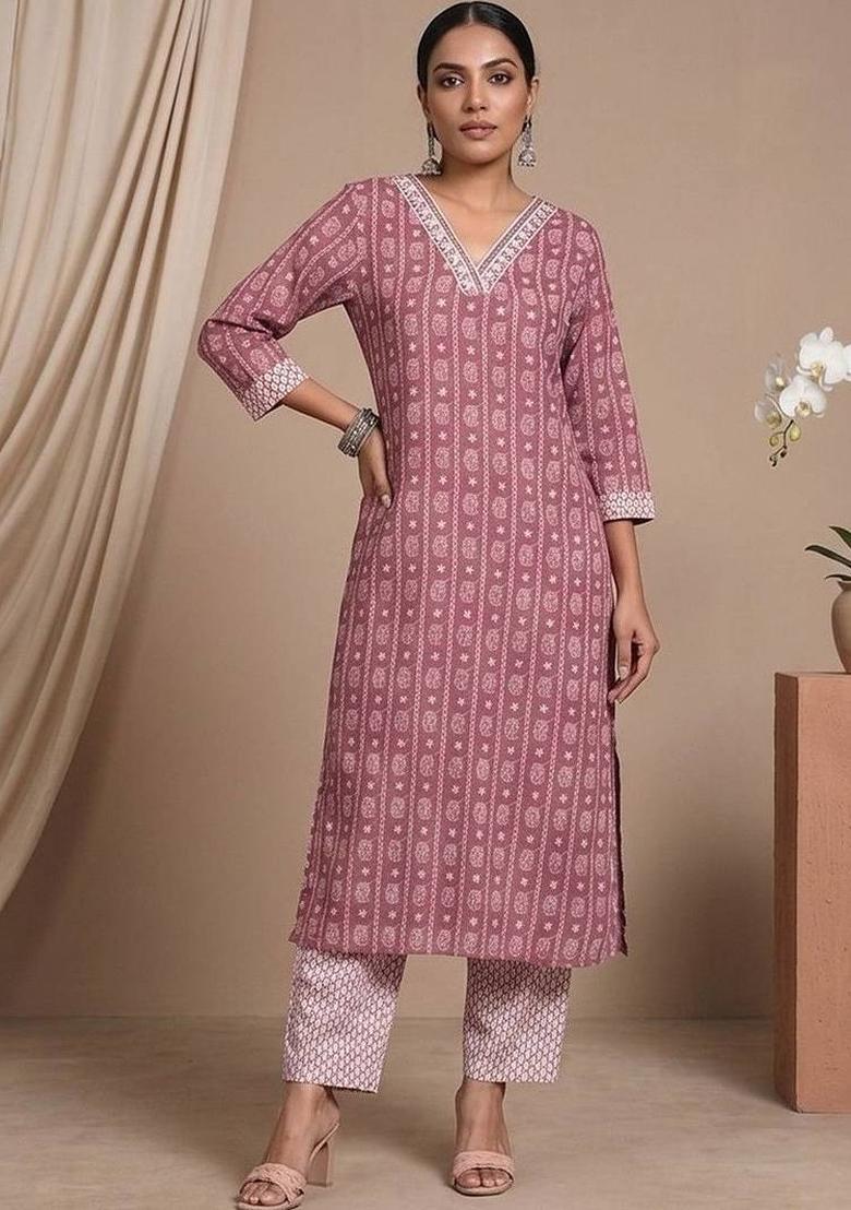 Pink Floral Print Cotton Kurta Set - Indya