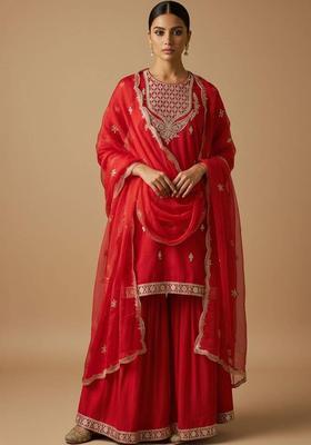 Red Embroidery Silk Kurta Set