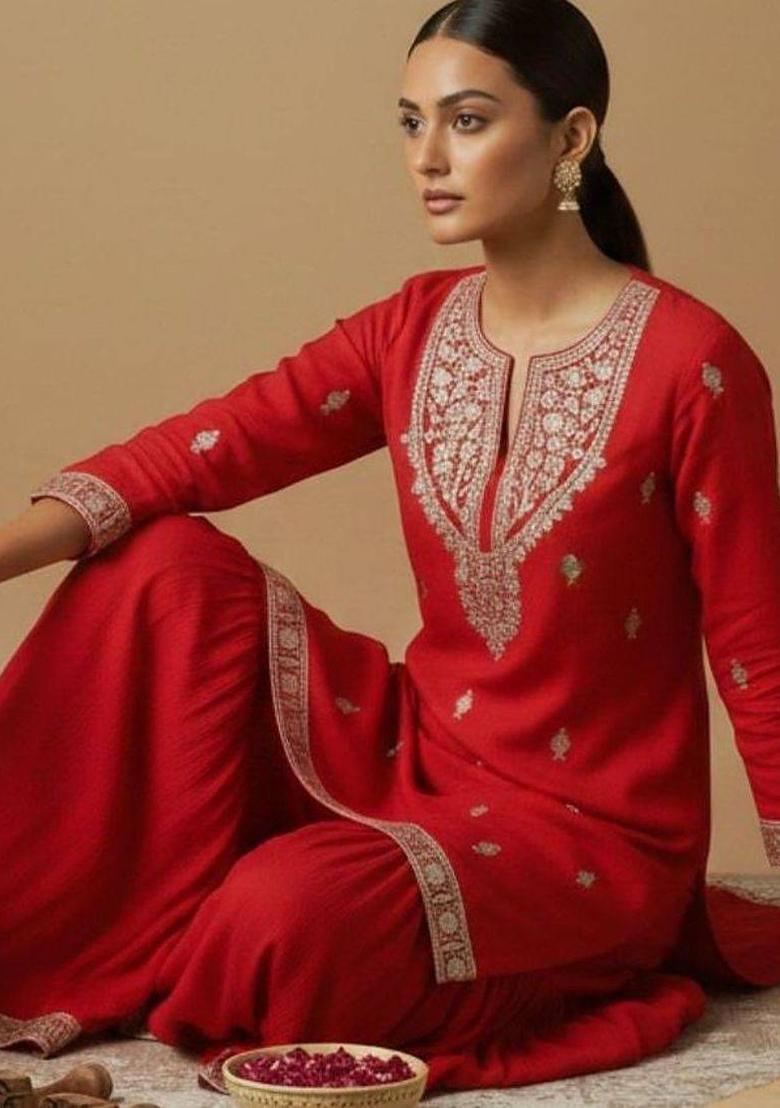 Red Embroidery Silk Kurta Set - Indya