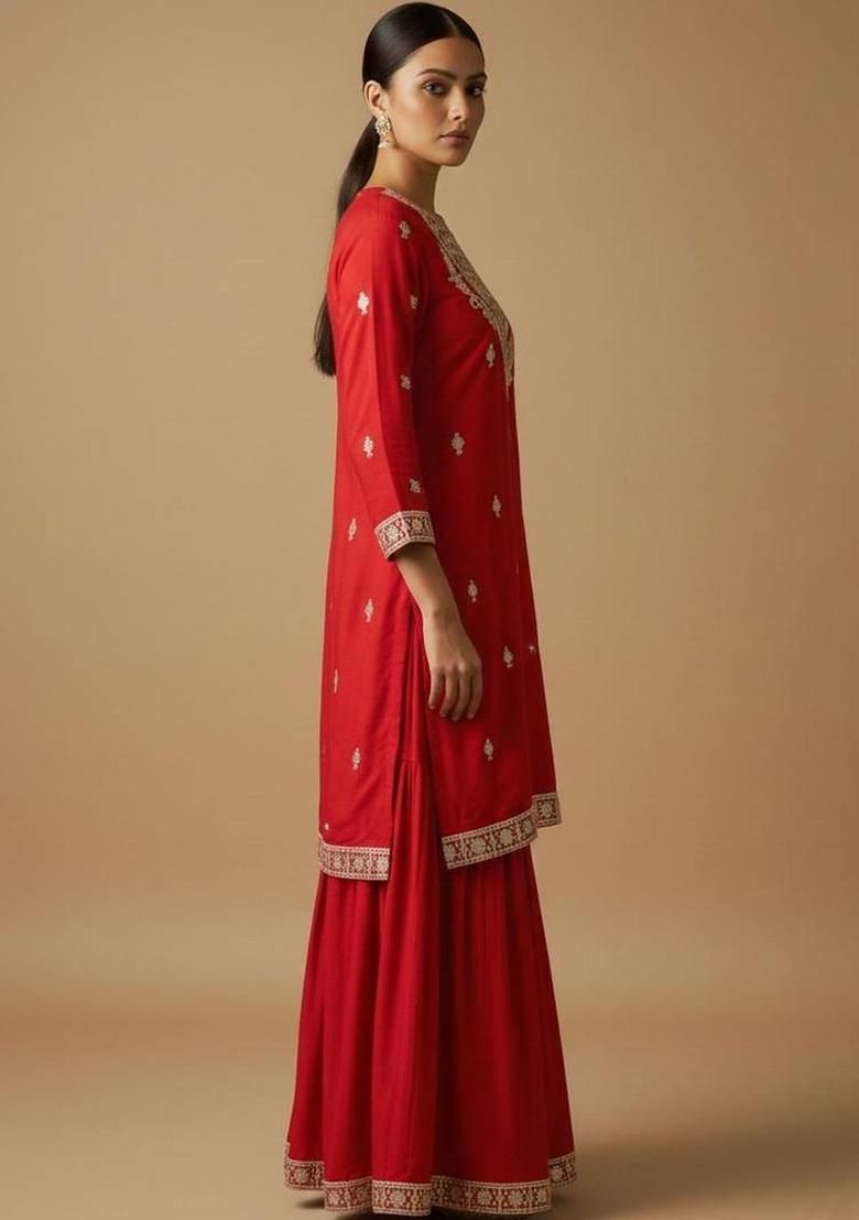 Red Embroidery Silk Kurta Set - Indya