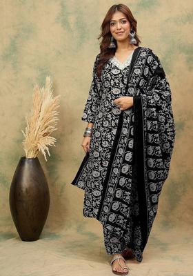Black Floral Print Cotton Kurta Set