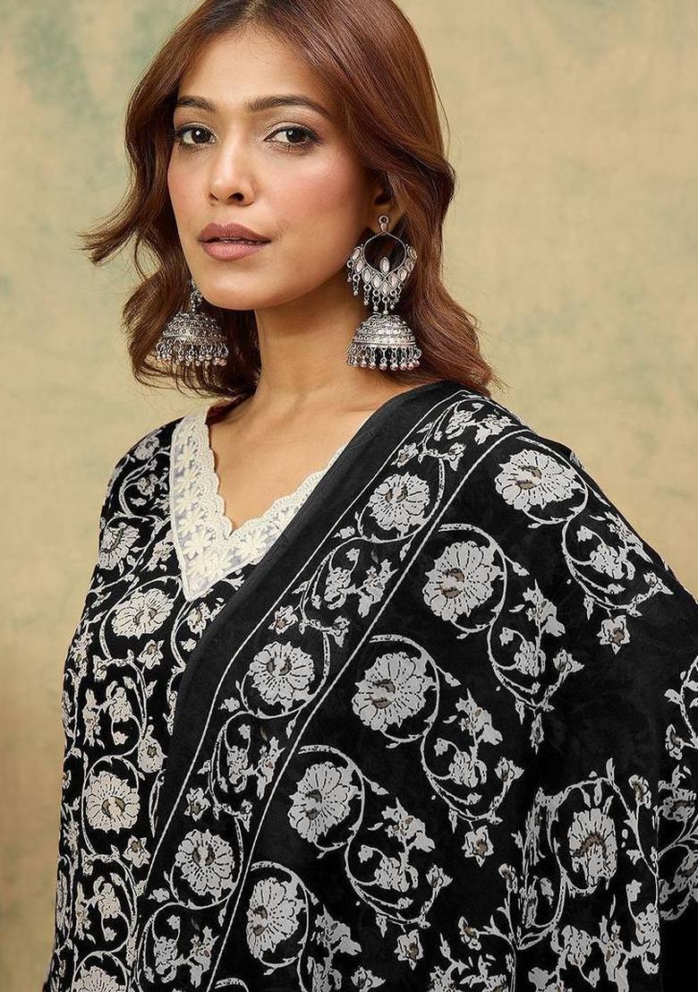 Black Floral Print Cotton Kurta Set - Indya