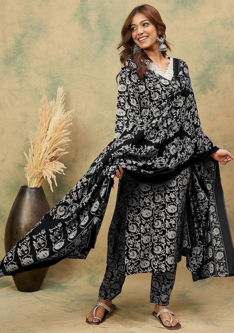Black Floral Print Cotton Kurta Set - Indya